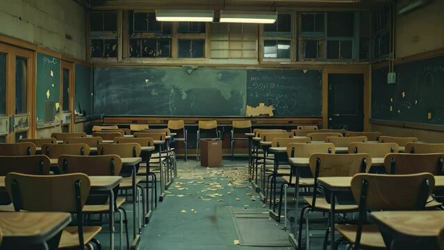 A classroom with numerous desks and chairs neatly arranged in rows, awaiting students, A classroom filled with rows of empty desks and chairs