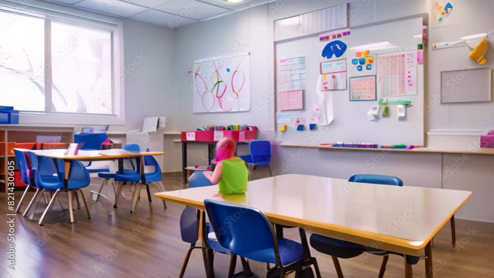 Poster a classroom filled with numerous desks and chairs, creating a structured and efficient learning envi