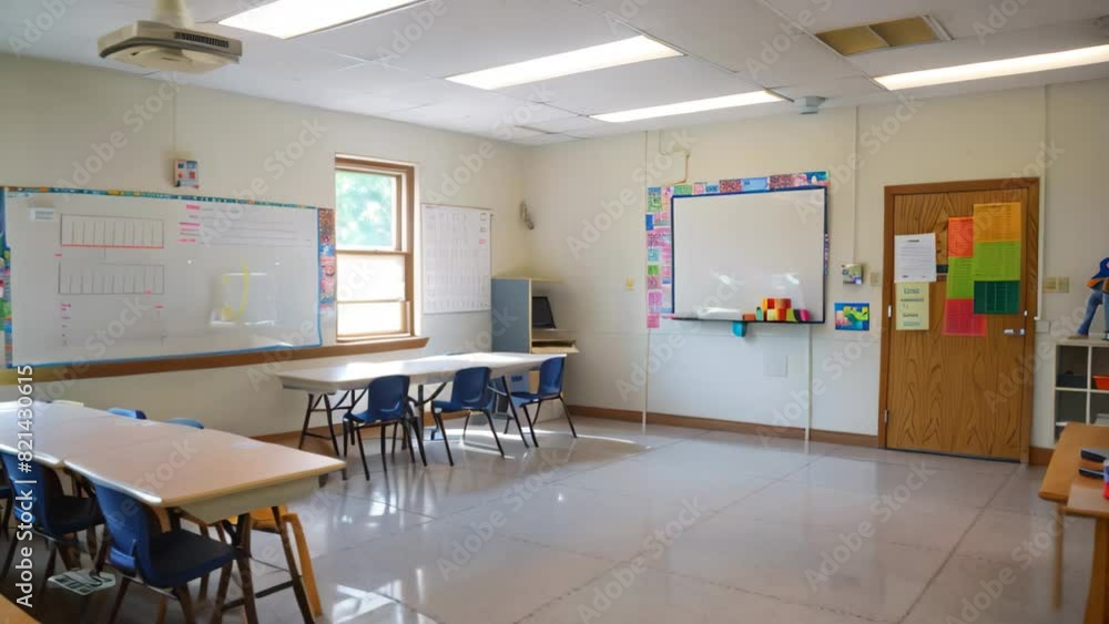 Poster organized classroom with desks arranged neatly in rows facing a whiteboard, a clean and organized cl