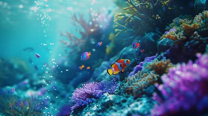 Fototapeta premium Enchanting Underwater Wonderland with Vibrant Coral Reefs and Exotic Fish in Pristine Clear Water - Close Up Marine Life Fantasy Manipulation