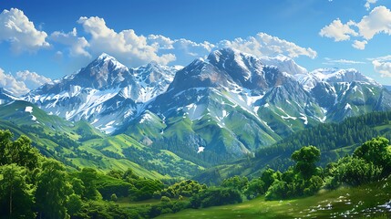 Naklejka premium Majestic Blue Mountains: Snowcapped Peaks and Alpine Fusion in Clear Skies