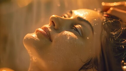 Woman Enjoying Shower With Head Raised, A client getting a relaxing scalp massage during their shampoo treatment, with soft lighting and calming music playing in the background