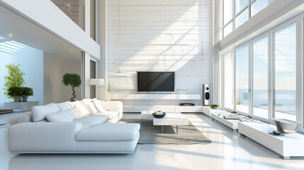 White studio interior with sofa and kitchen on background, side view tv screen and art decoration on marble stand. Panoramic window on skyscrapers