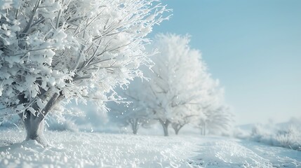 Ethereal Winter Wonderland: Snowcovered Landscape with White Trees under Clear Blue Sky - Purity and Serenity in Double Exposure Close-up Shot