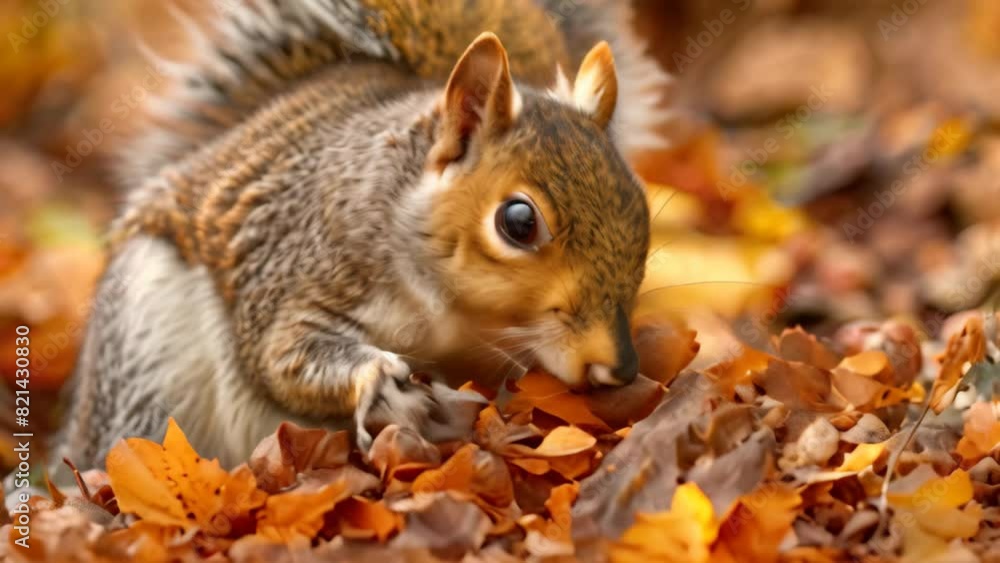 Poster a squirrel is feeding on a nut while surrounded by a heap of fallen leaves, a close-up of a squirrel