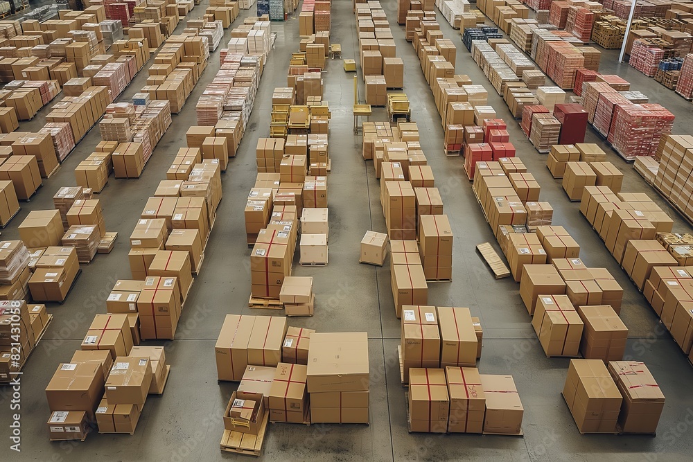 Aufkleber Cardboard boxes in a warehouse exhibit organized storage, enhancing efficiency in logistics. Clear aisles, tidy shelves, and neat rows underscore efficient storage and distribution