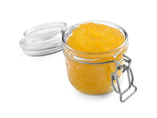 Fresh pike caviar in glass jar isolated on white