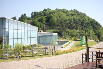 Fototapeta premium Namgang Yudeung Exhibition Center and Park in Jinju-si, South Korea - April 29, 2024 - Namgang Yudeung Exhibition Center and Park in Jinju-si, Gyeongsangnam-do, South Korea is a beautiful art park tha