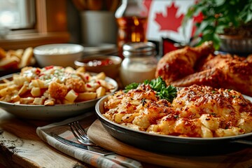 Fototapeta premium on the kitchen table there is a plate of fries, a Canadian dish Poutine, fried chicken and the flag of Canada in the background