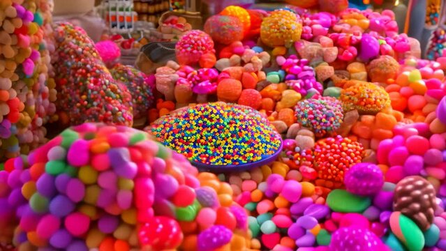 A table filled with various types of colorful candies, including traditional Mexican treats, A colorful array of traditional Mexican candies and sweets