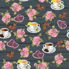 Naklejka premium Wooden background with roses and cups.Cups with drinks, hearts, rose bouquets, butterflies and frames in a romantic vector pattern on a wooden background.