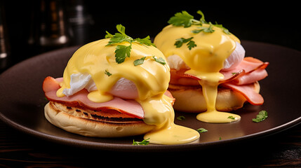 A classic eggs Benedict dish, featuring poached eggs, Canadian bacon, and hollandaise sauce on an English muffin.