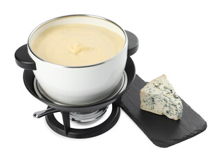 Fondue with tasty melted cheese and piece isolated on white
