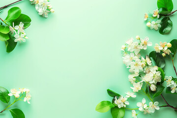 white flowers on branches with green leaves of fruit tree on monochrome background with place for text