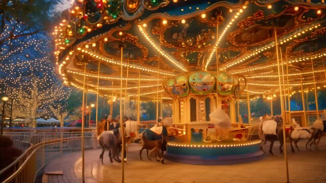 A carousel filled with brightly painted horses spinning around under colorful lights, A colorful carousel with brightly painted horses and twinkling lights