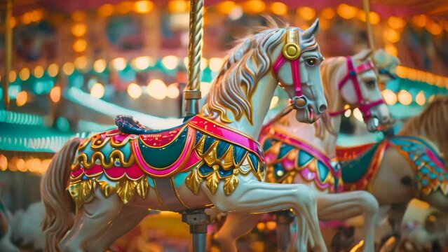 Close-up view of a lively merry-go-round with brightly painted horses spinning around at a bustling carnival, A colorful carousel with brightly painted horses and twinkling lights