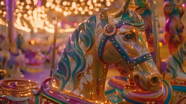 Detailed view of a vibrant merry-go-round horse on a colorful carousel, A colorful carousel with brightly painted horses and twinkling lights
