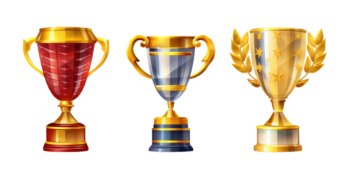 cup trophies and award collection Set in different styles and colors for sport winning achievements and leadership success concepts on a transparent background