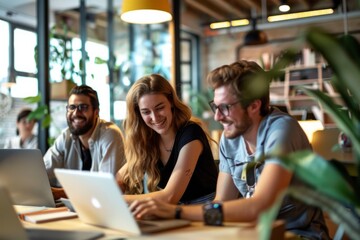 Dark skinned female graphic designer pointing with finger on laptop computer during collaboration with caucasian colleague on common project in coffee 