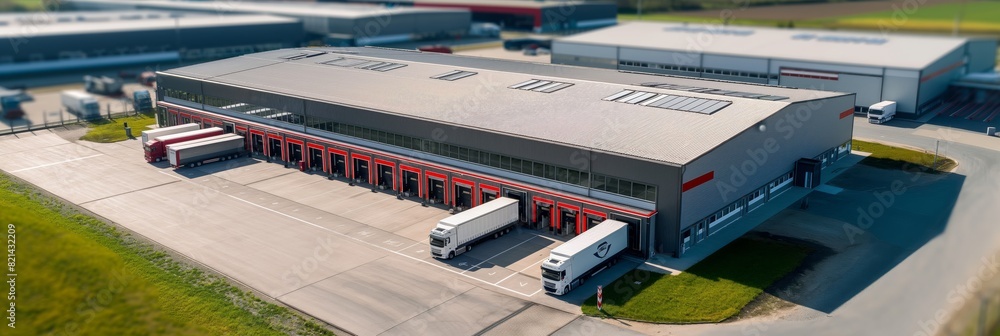 Poster a modern logistics warehouse designed with loading docks and trucks, essential for efficient transpo