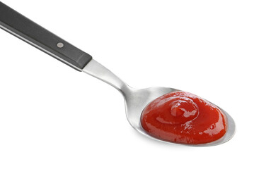 Tasty ketchup with spoon isolated on white. Tomato sauce