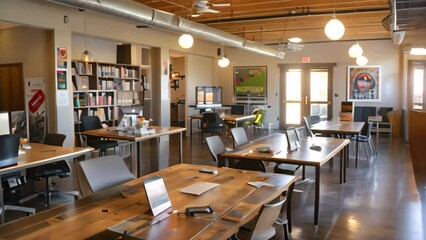A large open room filled with tables and chairs for communal coworking, A communal coworking space with long communal desks, shared amenities, and a laid-back, collaborative atmosphere