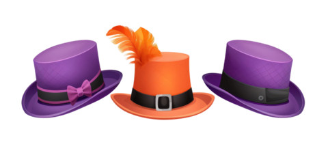  set collection of stylish women and men derby floppy hats and top hat in different colors and formal style decorated with flowers, isolated on a white transparent background