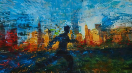 Abstract Cityscape Painting With Running Figure