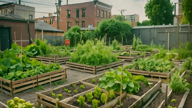 Multiple wooden boxes filled with various plants, creating a vibrant and lush garden area, A community garden supplying fresh vegetables to the food bank