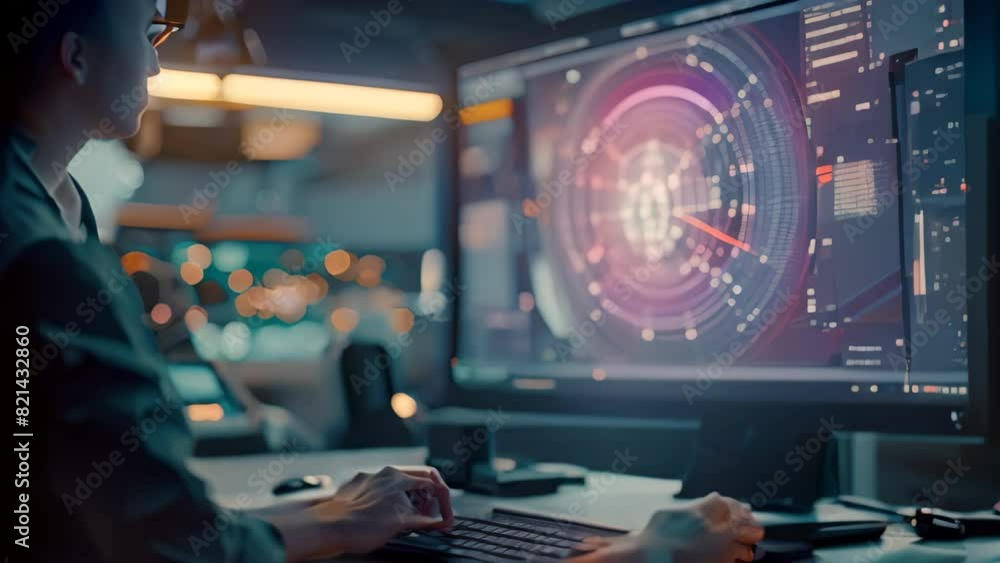 Poster a man focused on a computer monitor displaying a lecture on quantum physics, a computer screen displ