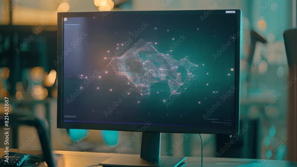 Poster a computer monitor displaying a 3d visualization on top of a desk in an office setting, a computer s