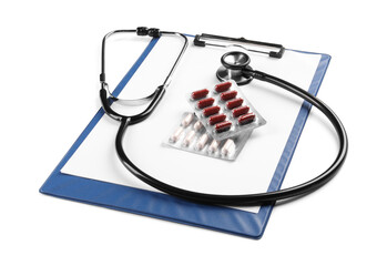 Clipboard, pills and stethoscope on white background