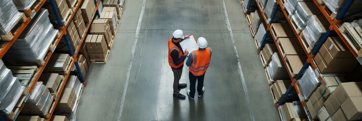 Warehouse workers are having a discussion about inventory in an industrial storage facility, focusing on safety vests, helmets, organization, and logistics for efficient operations