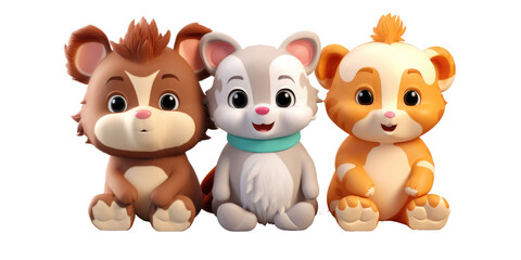 set of 3 cartoon animal toys characters isolated on a transparent background