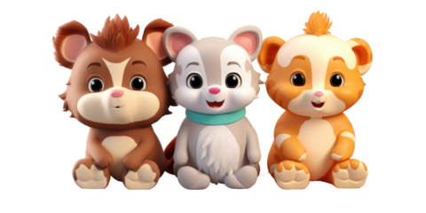 set of 3 cartoon animal toys characters isolated on a transparent background