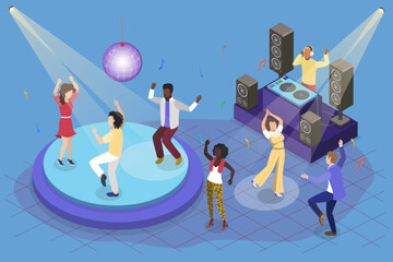 3D Isometric Flat Vector Illustration of Disco Club People, Nightlife Youth Event