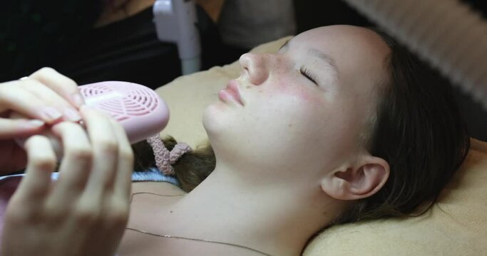 Lashmaker Applies Serum on Eyelashes of Client For Eyelash Lamination Treatment Procedure In Beauty Salon. Curling, Staining, Extension Procedures For Lashes. Horizontal. Step By Step. Slow Motion