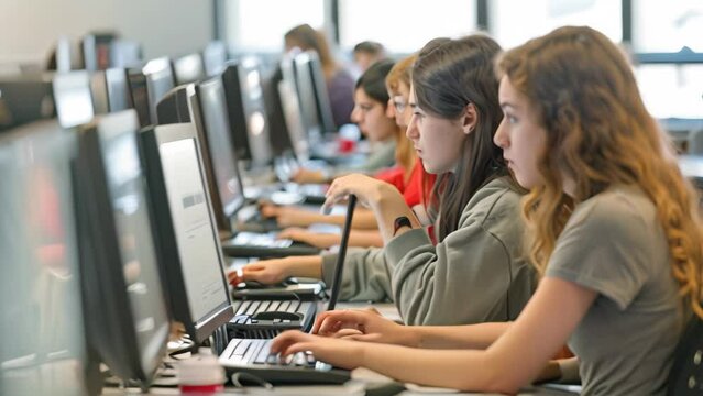 Young women sitting together at a computer desk, typing on laptops in a computer lab, A computer lab with students typing away on laptops, immersed in their work