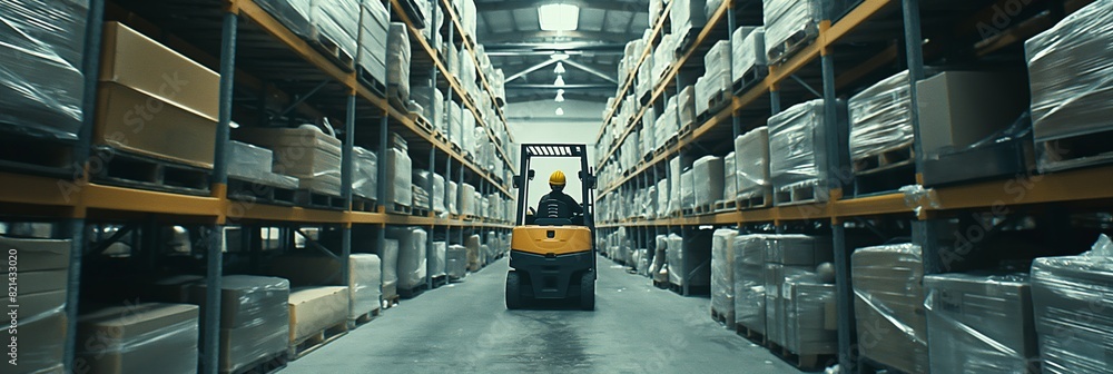 Poster Warehouse Logistics A Forklift Operator efficiently navigates aisles, stacking pallets, and organizing shelves for material handling in an industrial setting to enhance workflow and productivity