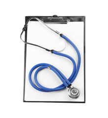 Stethoscope and clipboard isolated on white, top view. Medical tool