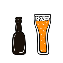 beer bottle and glass cartoon. Vector hand drawn illustration isolated on white.