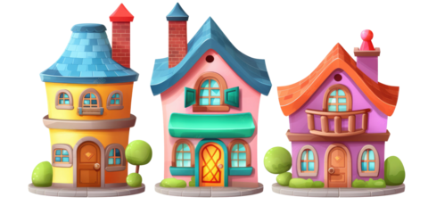 set of 3 cartoon or toy houses models isolated on a white transparent background
