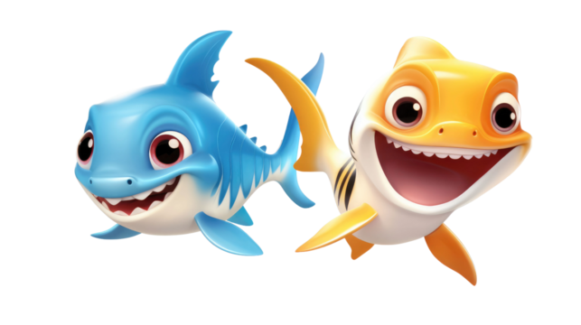 set of 3 cartoon aquarium or sea fish and baby shark animal toys characters isolated on a transparent background 