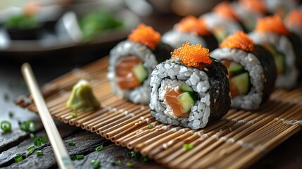 elegantly crafted sushi rolls presented on a bamboo mat with chopsticks, reflecting the minimalist aesthetics of japanese culinary design, ideal for sushi lovers