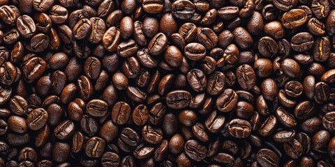 Fototapeta premium Coffee bean pattern. Hot drink concept with copyspace for text. Brown seed ingredient. Dark aromatic espresso background. Roasted mocha grain texture