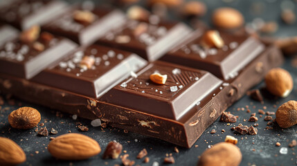 A close up of chocolate bars with scattered almond and sea salt on dark background, product photography, food styling, professional color grading, soft shadows, no contrast, clean sharp focus