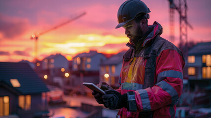 Construction worker in reflective gear using a tablet at dusk on a construction site, with cranes and buildings in the background.
