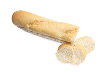 Pieces of fresh baguette isolated on white, top view