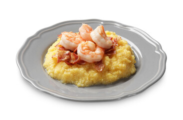 Plate with fresh tasty shrimps, bacon and grits isolated on white