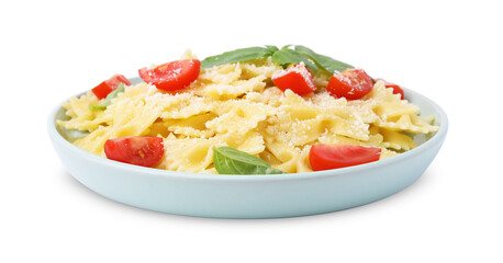 Tasty pasta with tomato, cheese and basil isolated on white